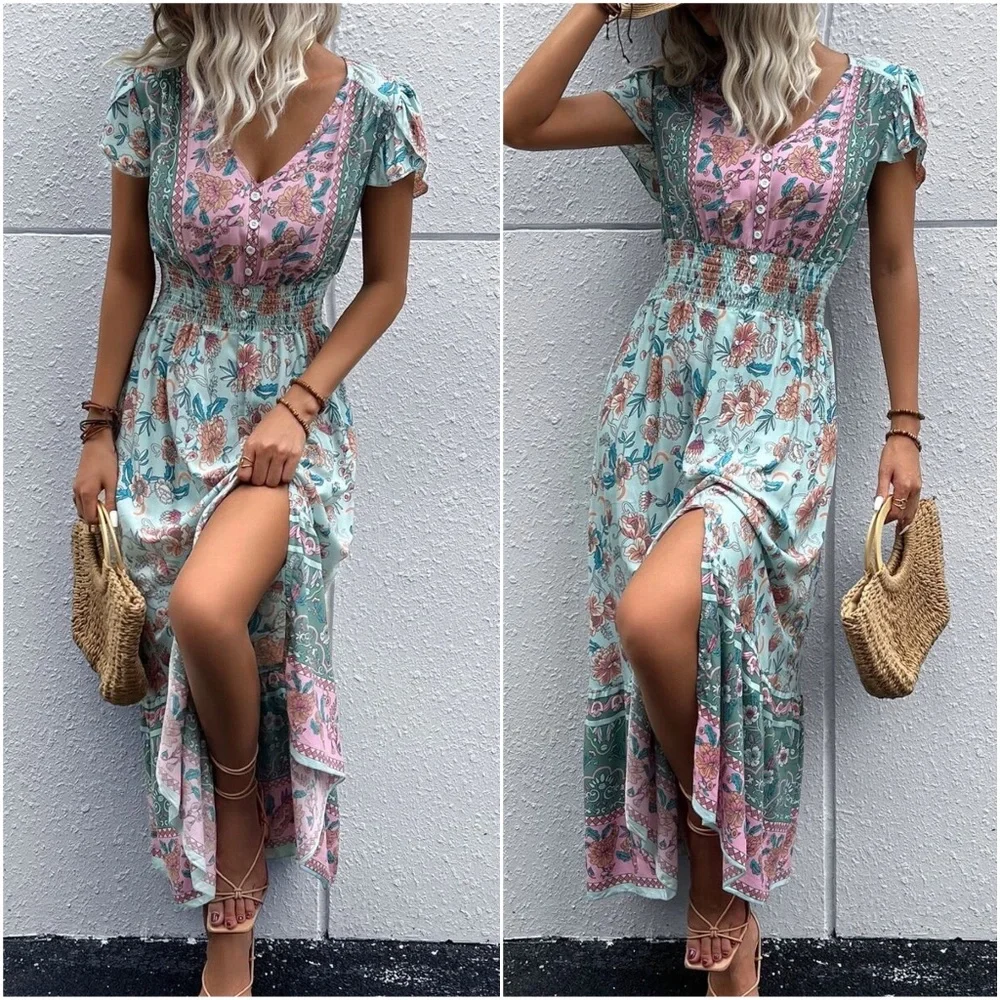 Boho Red Floral Print Butterfly Sleeve Button Detail Dress - Picture 2 of 8
